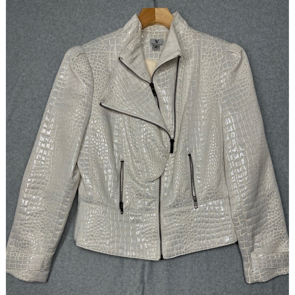 Worthington Womens White Metallic Croc Embossed Moto Jacket Size M Asymmetrical